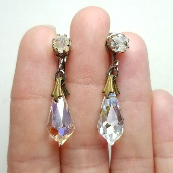 Vintage AB Faceted Glass Drop Dangle Clip On Earrings, Retro Sparkle, Estate - Picture 1 of 4